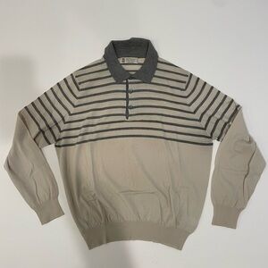 Brunello Cucinelli Grey and Tan Striped Polo Buttonup